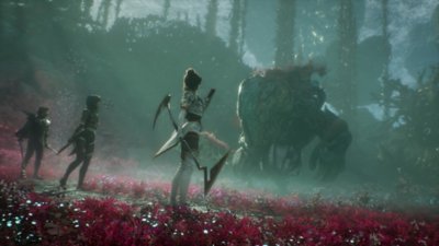 Clair Obscur: Expedition 33 – skjermbilde av tre figurer som møter et enormt monster.