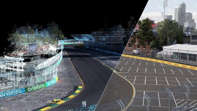 展示《F1 25》全新光學雷達掃描賽道的圖像和影片