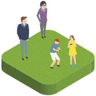 Tegnefilmillustrasjon av foreldre som ser på sine to barn som spiller med PlayStation-kontrollere